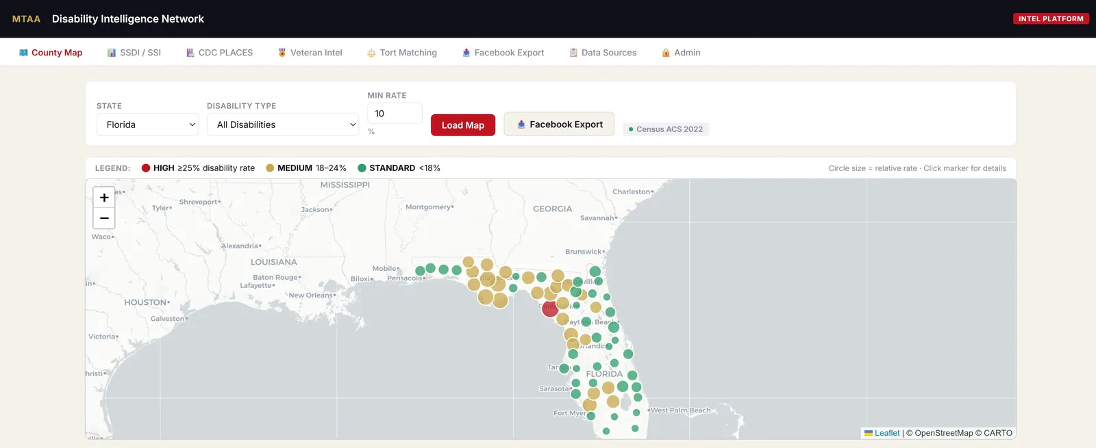 County-level disability rate heatmap of Florida built from Census ACS 2022 data
