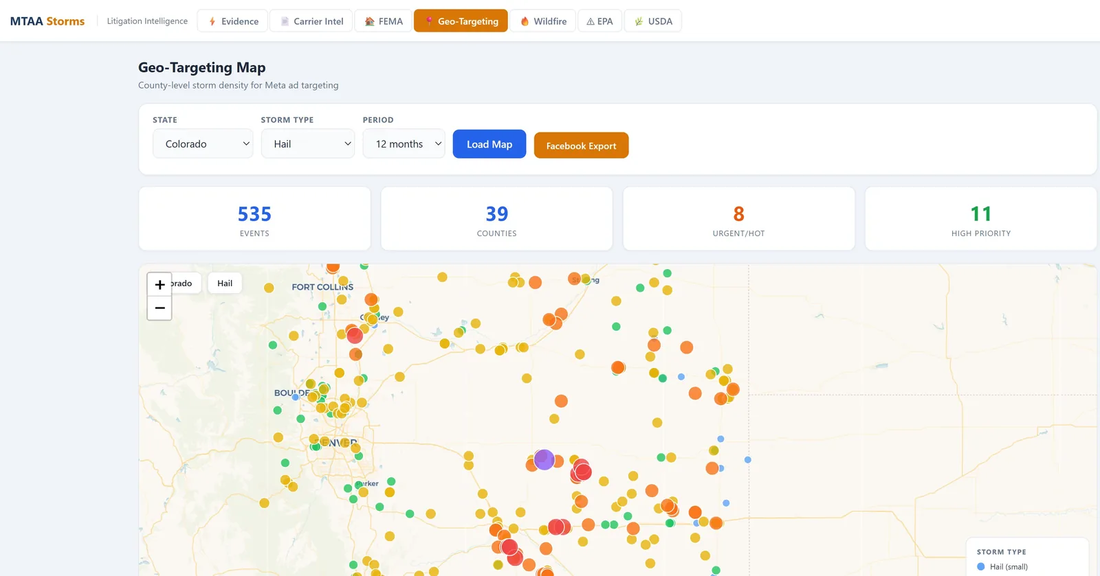 County-level storm density map of Colorado hail events for geo-targeting