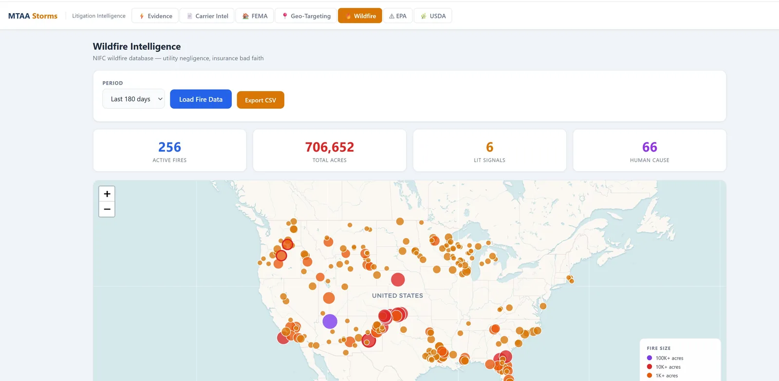 National wildfire intelligence map from the NIFC database showing 256 active fires and 706,652 total acres